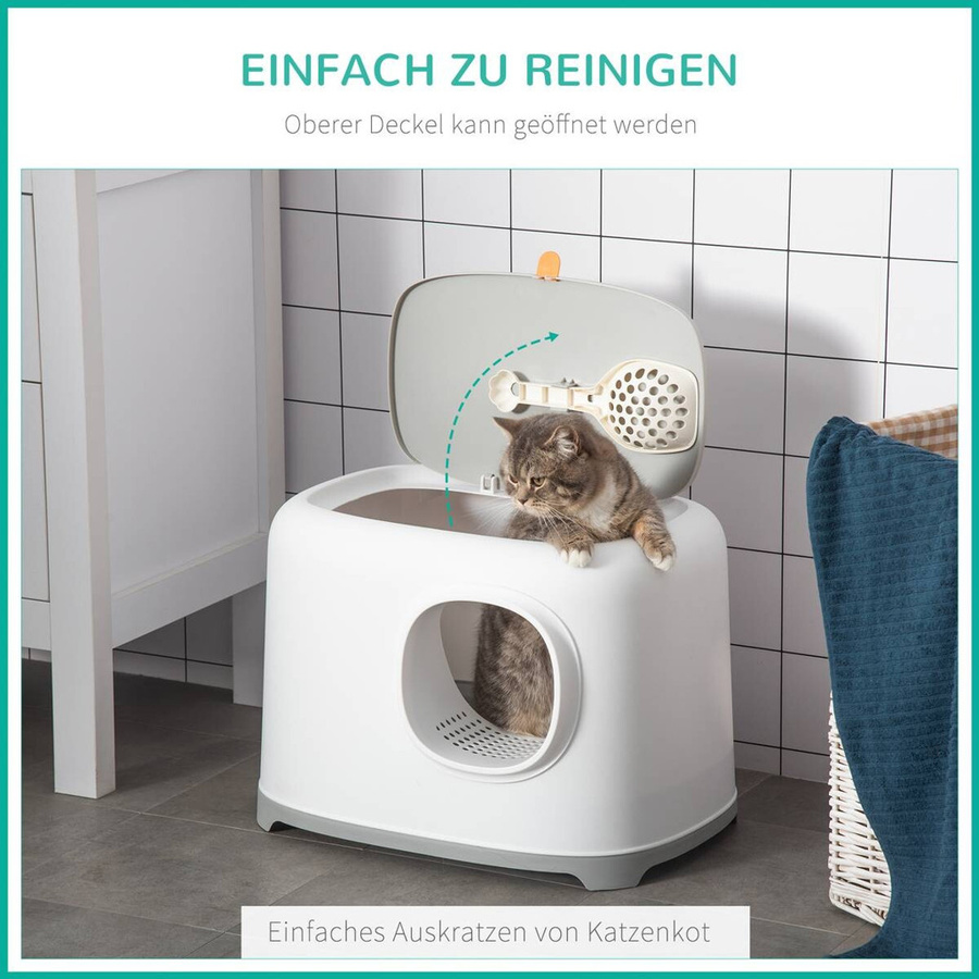 PawHut Katzentoilette mit Haube aus Kunststoff in Weiss und Grau, B/H/L: 40 x 39 x 55 cm - Bild 2