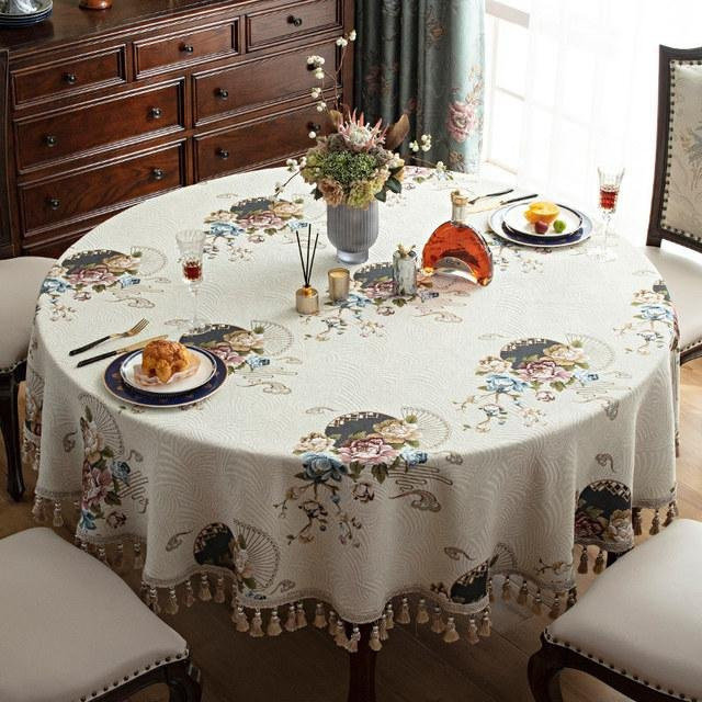 Stilvolle Rundtischdecke mit Jacquard-Blumenmuster und Quasten von Your Warm Home, Mehrfarbig, Durchmesser: 180 cm - Bild 1
