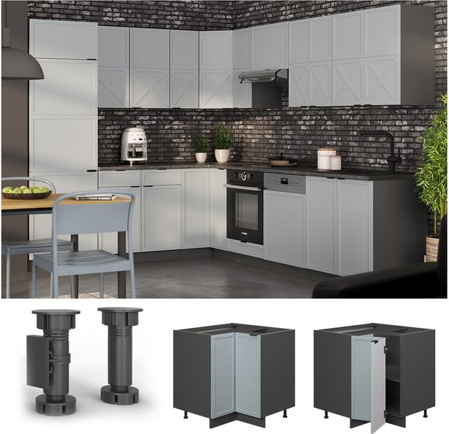 Vicco Eckunterschrank Fame-Line in Anthrazit und Hellblau-Grau mit Arbeitsplatte in Marmor-Weiß, Breite: 87 cm - Bild 1