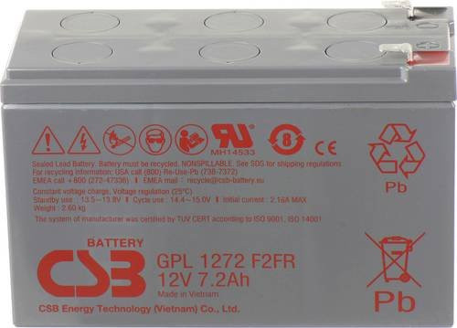 CSB Battery GPL 1272 AGM Bleiakku 12V 7.2Ah mit Flachsteckern 6.35mm, Farbe: Grau, B/H/T: 151 x 98 x 65 mm - Bild 1