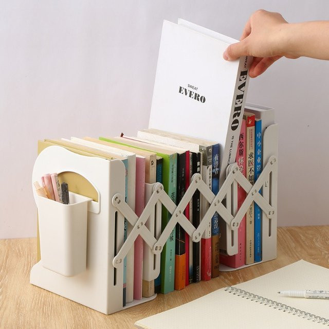 BRUSHZAZA Desktop-Bücherregal in Weiß mit verstellbaren Teleskop-Buchstützen und mehreren Fächern für deinen Schreibtisch - Bild 1