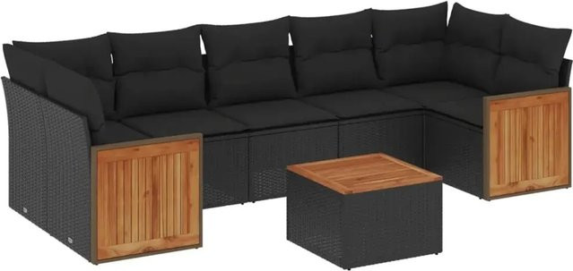 vidaXL 8-teilige Garten-Sofagarnitur in L-Form aus schwarzem Poly-Rattan mit Kissen und Akazienholz - Bild 1
