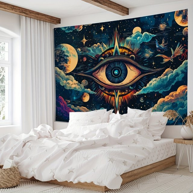 VIKAMA Wandbehang mit blauem Augen-Motiv, abstrakte Boho-Wandkunst im psychedelischen Design für dein Schlafzimmer oder Festival-Deko - Bild 1