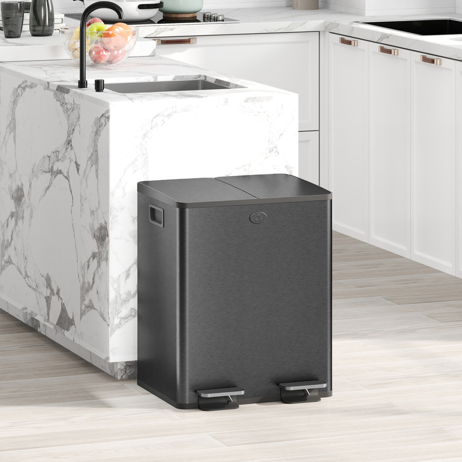 HOMCOM Küchen-Mülleimer aus Edelstahl mit 2 Fächern à 20 L, Schwarz, mit Pedal, Soft-Close-Deckel und herausnehmbaren Eimern - Bild 2