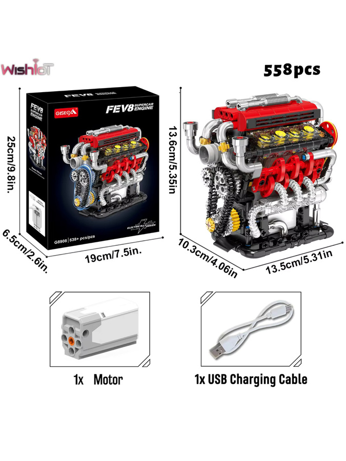 wishiot Klassische Supercar V8 Motor, Bausteine, 558 Teile - Bild 7