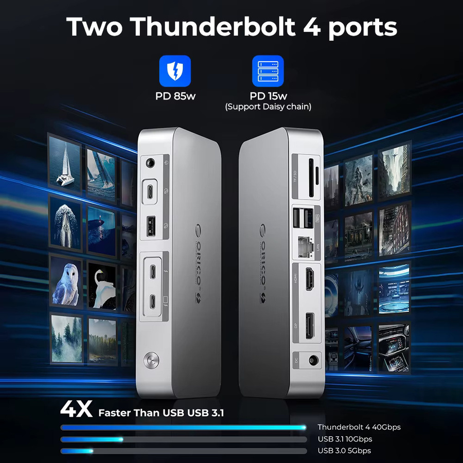 ORICO 12 in 1 USB-C Docking Station mit 40 Gbit/s, Thunderbolt 4 kompatibel, HDMI, RJ45 und Kartenleser, Farbe: Silber - Bild 2