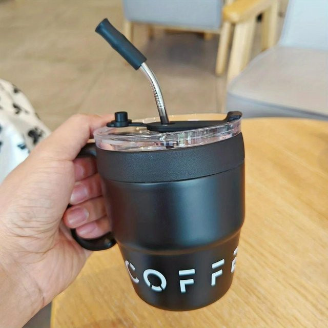 Yiran Furniture Edelstahl Thermobecher mit Strohhalmdeckel für kalte Getränke, Schwarz, 480 ml - Bild 1