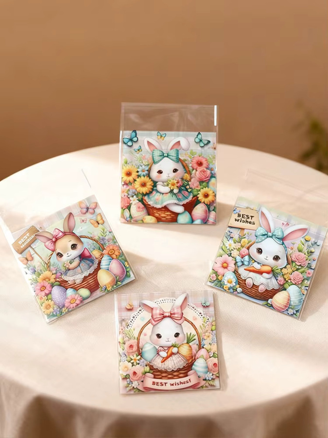 100 Stück Ostern Geschenkverpackung Taschen mit Cartoon Kaninchen und Eiern in Mehrfarbig für Kinder und Party Dekoration aus Kunststoff - Bild 2