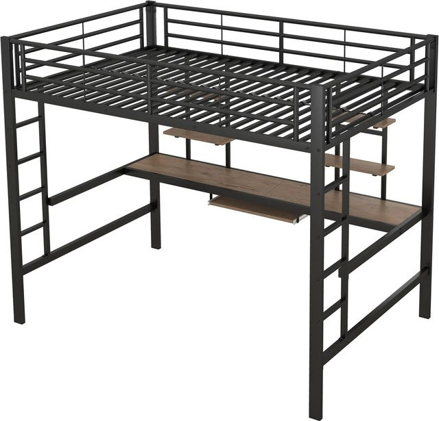okwish Hochbett für Kinder in Schwarz mit Schreibtisch und zwei Bücherregalen aus Metall und MDF, B/T/H: 200 x 140 x 180 cm - Bild 1