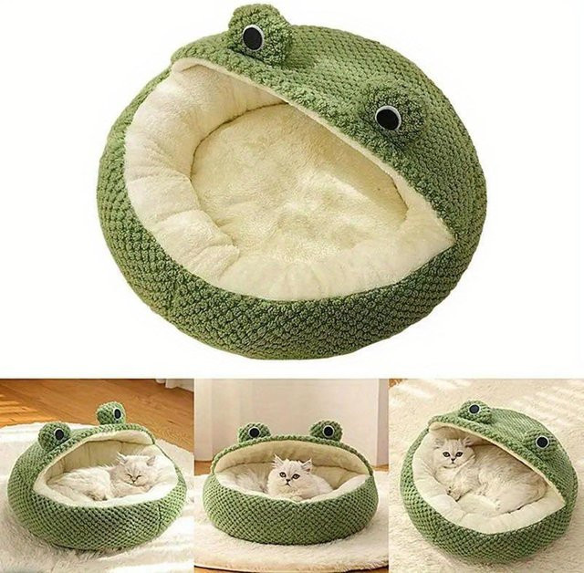 KaiSai Halboffenes Katzenbett in Grün mit Frosch-Design aus Plüsch und Noppenfleece für kleine Hunde und Katzen - Bild 1