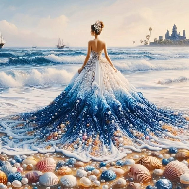 DIY Diamantmosaik Set mit Abendkleid und Küstenlandschaft in Blau, Round Diamond Painting für Erwachsene, B/H: 20 x 20 cm - Bild 1