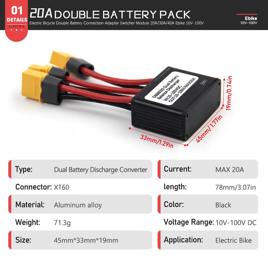 LITTLE TT Ebike Dual Batterie Entladungskonverter Anschluss Adapter Switcher Modul Schwarz 10V-100V 20A/30/40A - Bild 2