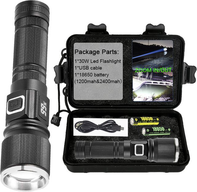 XIWANGFIRE Taktische 30W LED-Taschenlampe aus Aluminiumlegierung in Schwarz mit LCD-Leistungsanzeige, Zoom und wiederaufladbarem Akku - Bild 1