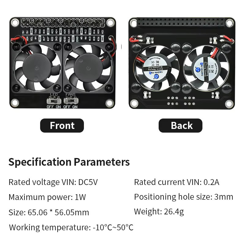 SHCHV Aktiver Kühler für Raspberry Pi 5, 4B, 3B+ mit Dual-Lüfter, GPIO-Erweiterungsplatine, EIN/AUS-Schalter und LED-Licht in Schwarz - Bild 5