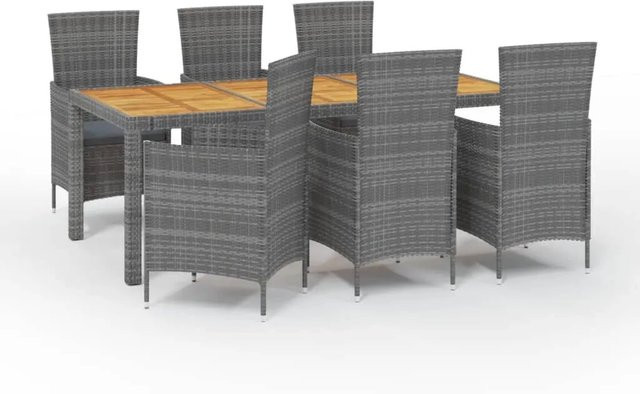 vidaXL 7-tlg. Garten-Essgruppe aus Poly Rattan und Akazienholz in Grau mit Kissen - Bild 1