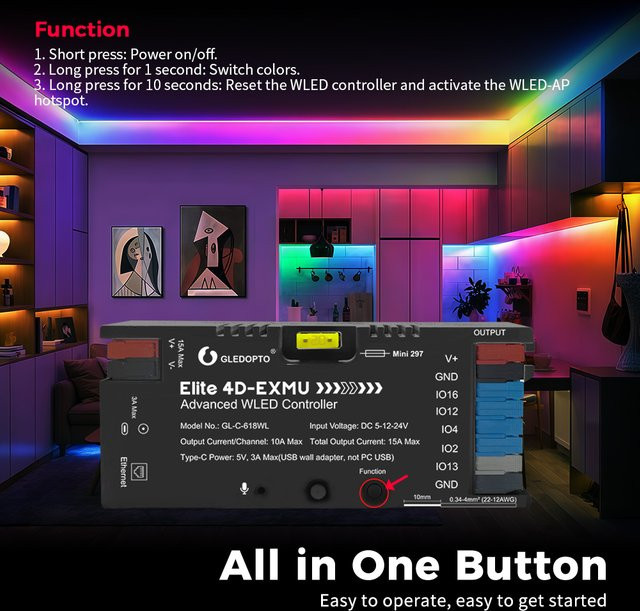 GLEDOPTO Smart 4CH 618WL RGB-LED-Controller mit Ethernet und WiFi ESP32 Core, Musik-reaktive Beleuchtung für DIY-Projekte, Schwarz - Bild 1