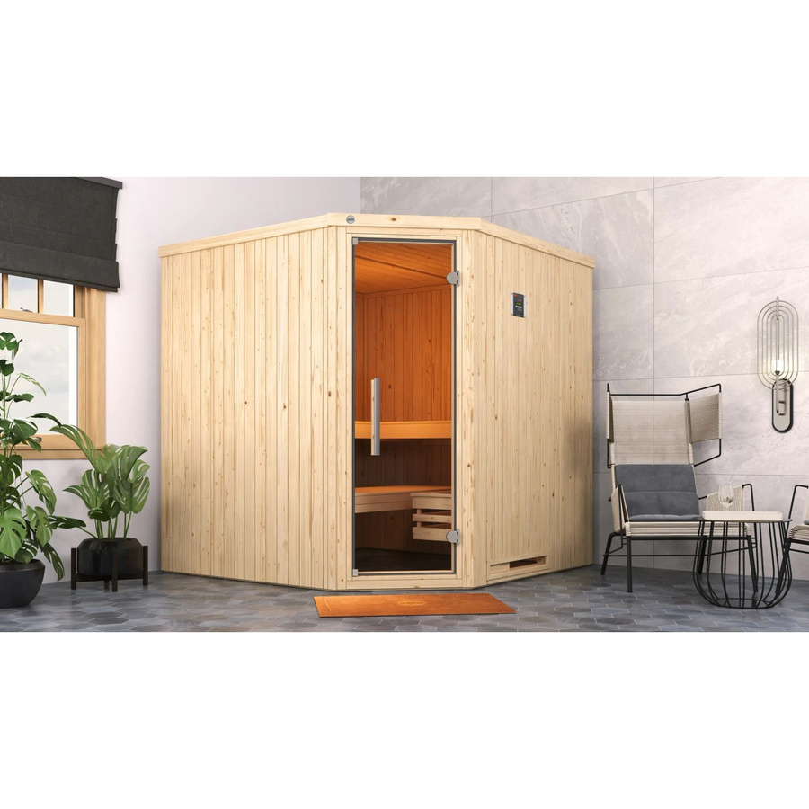 WEKA Ecksauna Varberg 3 in Braun mit BioS Glastür und 7,5 kW Sparset sowie Saunaleuchtenset, B/H/T: 194 x 199 x 194 cm - Bild 2