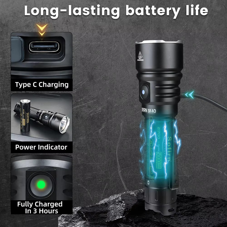 Sofirn SK40 Taktische Taschenlampe mit SFT70 LED, 3200 Lumen, USB-C wiederaufladbar, IP68 wasserdicht, Schwarz - Bild 3