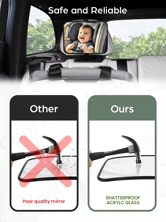 Kisslanding Babyautospiegel in Grau und Schwarz, extra groß und bruchsicher mit UV-blockierendem Gurtband für maximale Sicherheit - Bild 4