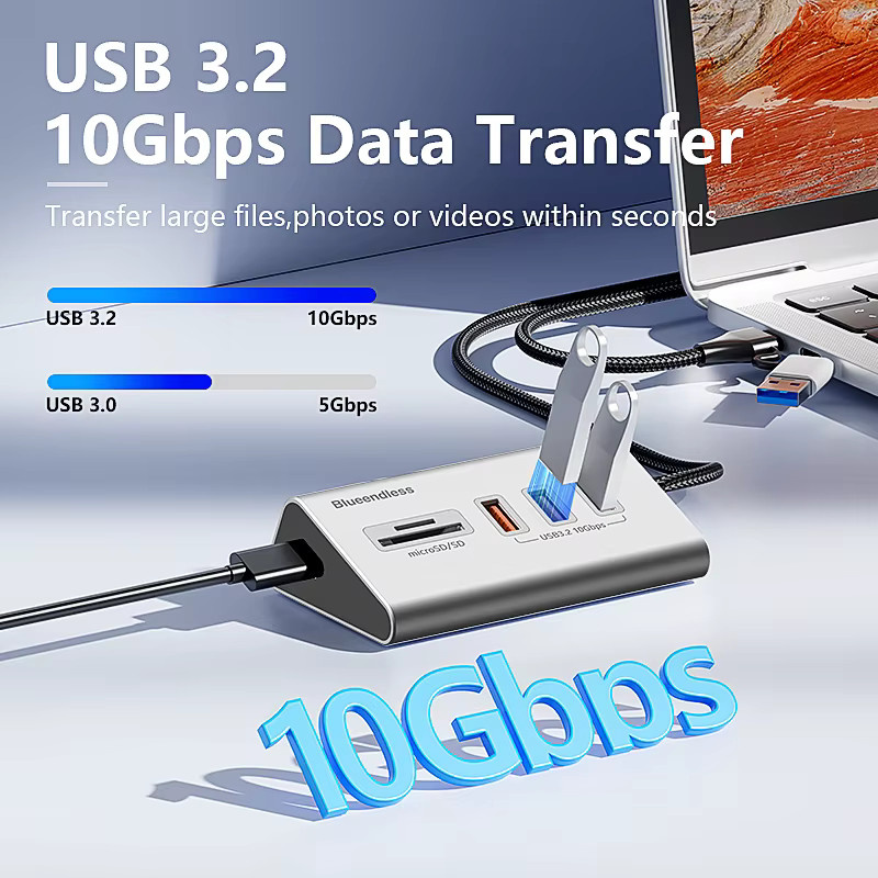 Blueendless 4-in-1 USB 3.2 Gen2 10Gbps Aluminium USB-C und USB-A Hub mit 5 Ports sowie TF-SD-Kartenleser in Silber für PC, Laptop und MacBook - Bild 2
