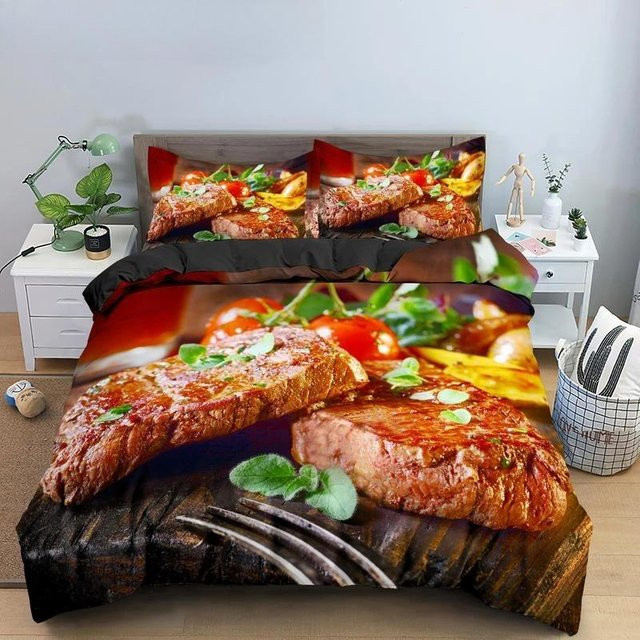 Lodestar 3D Bettwäsche-Set mit Fleisch- und Meeresfrüchte-Print, 3-teilig, Mehrfarbig, B/H: 210 x 210 cm - Bild 1