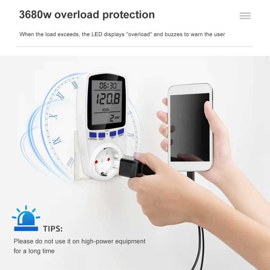 JUANJUAN Digitales Strommessgerät mit EU-Stecker zur Messung von Watt, Spannung und kWh in Weiß - Bild 5