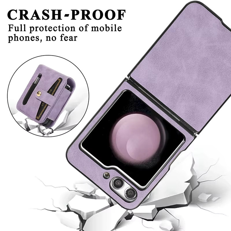 Samsung Galaxy Z Flip 5 Magnetische Brieftasche aus PU-Leder mit Gürtelclip und gehärtetem Schutzfilm in Braun oder Lila - Bild 2