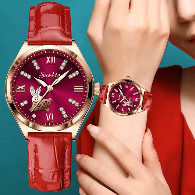 SUNKTA Armbanduhr, Analoguhr, Leder, Schwarz, Gold, Damen - Bild 1