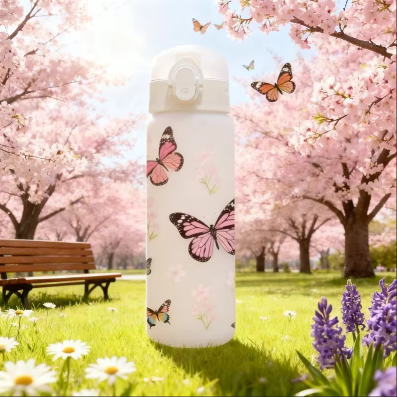 Fantia Schmetterlings-Wasserflasche mit 3D-Druck Allover-Design in Schwarz, 780 ml, BPA-freie Sportflasche mit auslaufsicherem Klappdeckel - Bild 3