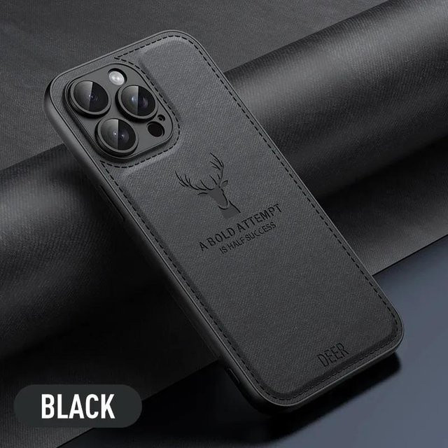 Tuiying002 Stoßfeste iPhone Schutzhülle aus Stoff und Leder mit Hirschkopf-Muster in Schwarz für iPhone 16 bis iPhone 7/8 Plus - Bild 1