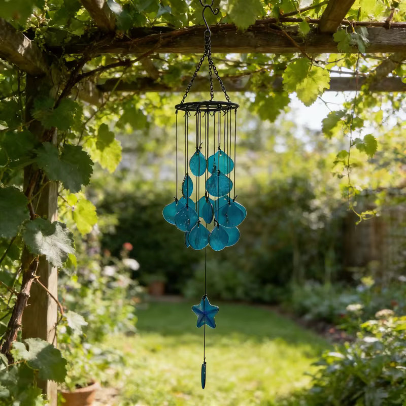 Dekoratives Buntglas-Muschel-Windspiel in Blau und Multicolour als maritimes Hängeornament für Garten und Terrasse - Bild 4
