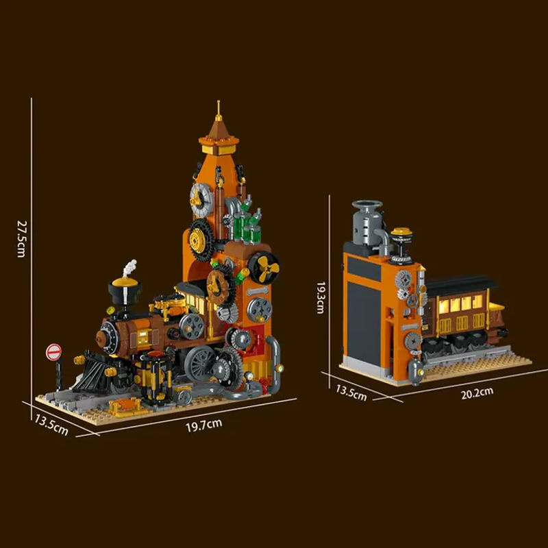 Steampunk Zug Buchstütze Modell mit Licht aus 1252 Bausteinen, pädagogisches MOC Spielzeug für Kinder in Orange - Bild 3