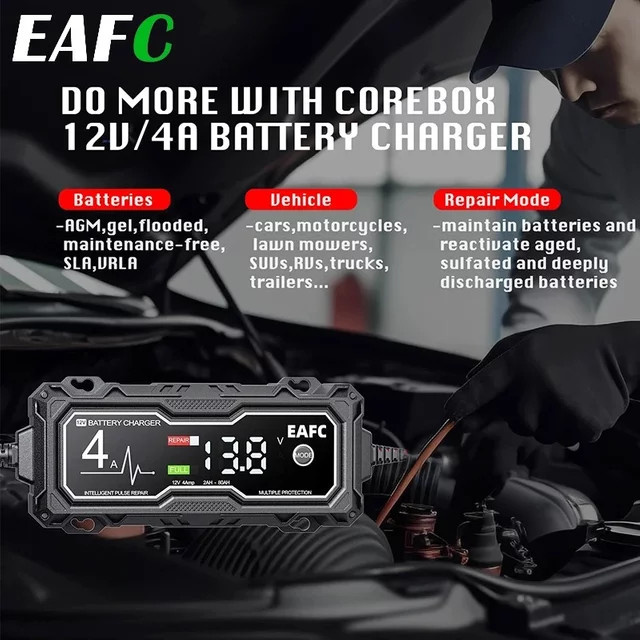 EAFC Intelligentes Batterie Ladegerät für Auto und Motorrad mit Puls Reparatur Funktion für Blei-Säure und AGM Batterien in Schwarz - Bild 1