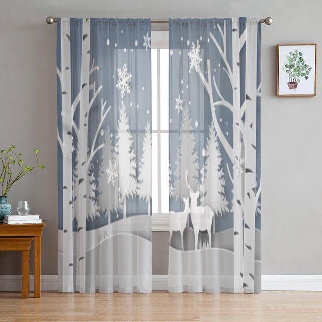 Weihnachtsvorhänge von A Family Of Home Textiles mit Hirsch-Motiv im verschneiten Wald, durchsichtiger Chiffon-Tüll in Grau, Breite: 135 cm, Höhe: 114 cm - Bild 1