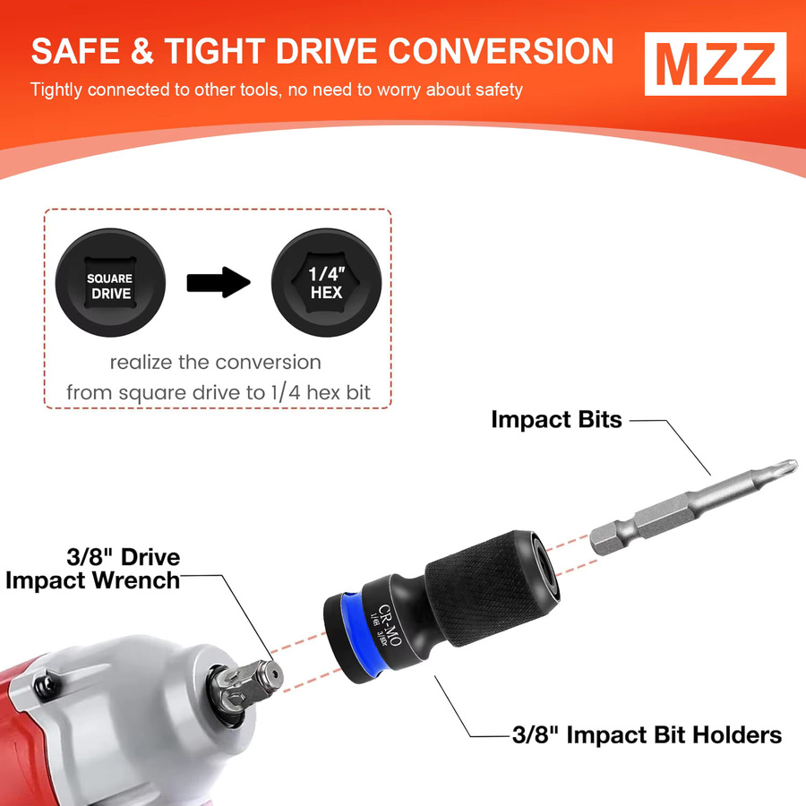 3er-Set Schlagsechskant-Konverter Set mit 1/2 Zoll, 3/8 Zoll und 1/4 Zoll Antriebsbuchse auf 1/4 Zoll Sechskant-Adapter für Schlagschrauber - Bild 4
