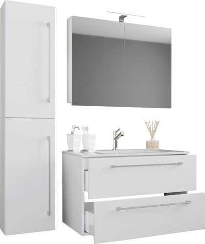 VCM Badmöbel-Set Badinos 4-teilig in Weiss mit Keramik-Waschbecken, Spiegelschrank und Hochschrank, B/H/T: 81 x 52 x 46 cm - Bild 1