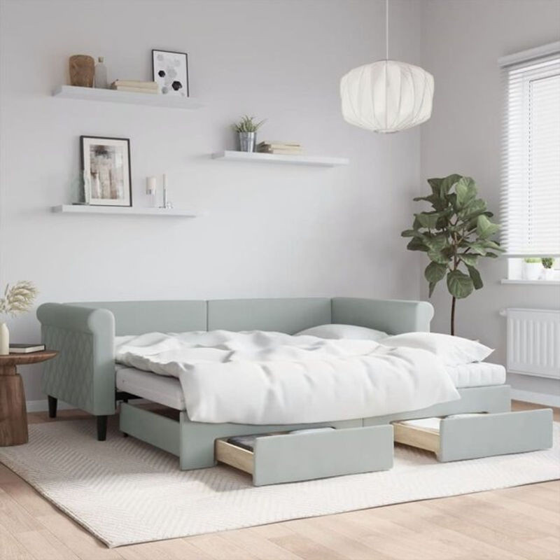 Vidaxl Ausziehbares Tagesbett mit Schubladen in Grau aus Samt und Metall, Modernes Funktionsbett, B/T: 90 x 190 cm - Bild 1