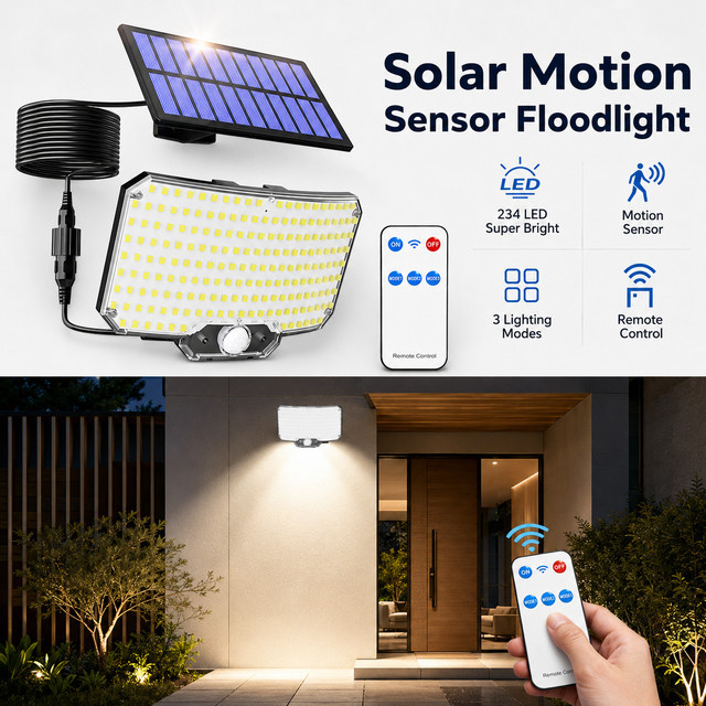 Solar-Bewegungssensorleuchte mit 234 LEDs in Weiß, Wasserdichte Außen-Wandlampe mit 1500mAh Akku und 3 Modi für Garten, Hof und Einfahrt - Bild 1