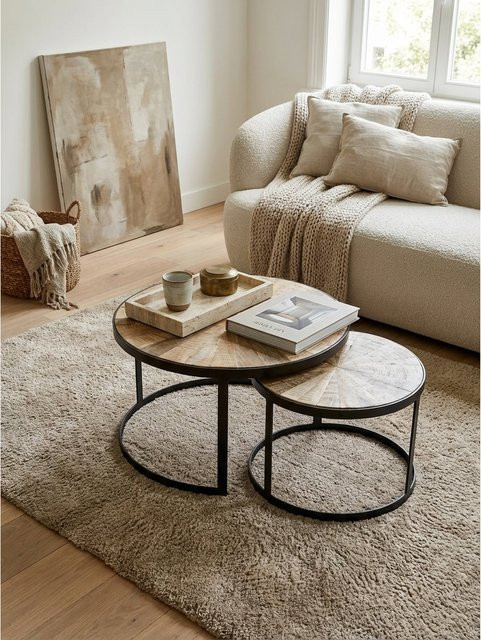 KADIMA DESIGN Couchtisch 2er Set aus Mango Massivholz und Metall in Braun, rund, B/T/H: 60 x 60 x 40 cm - Bild 1
