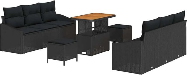 vidaXL Garten-Sofa-Set aus Poly Rattan in Schwarz mit 9 Teilen und Kissen - Bild 1