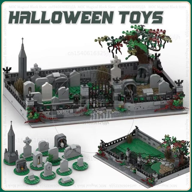 MOC Halloween Friedhof Gebäude, Block Grabstein Ziegel Modell, Zubehör - Bild 1