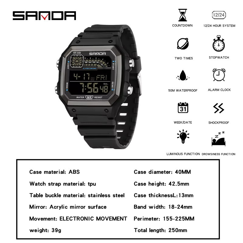 SANDA Chronograph Digitaluhr, Blau, Kunststoff, Silikon, Herren - Bild 3