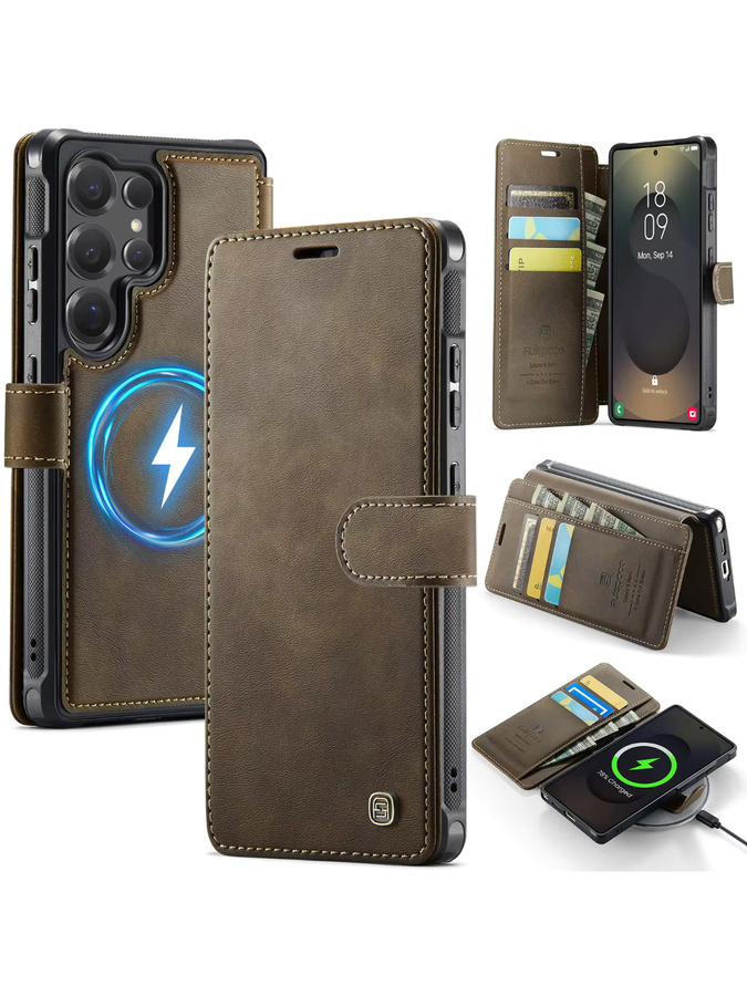 szHAIyu MagSafe Kartenfach Flip Cover für Samsung Galaxy S26 Ultra S25 Edge S24 FE Plus Magnetische Brieftaschen-Handyhülle aus PU-Leder in Braun - Bild 5