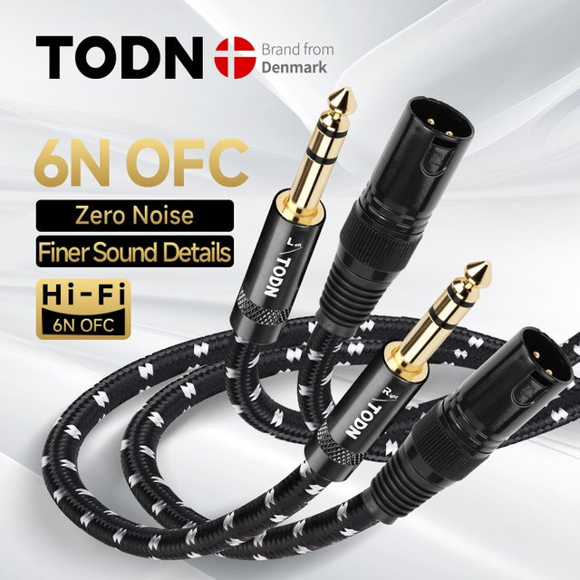 TODN Stereo Audiokabel Set aus 6N OFC, 1 Paar vergoldete symmetrische Aux-Kabel, 6,5mm TRS auf XLR, Schwarz und Gold - Bild 1