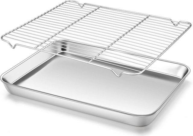 FEB.WIND Multifunktions-Backform aus Edelstahl mit Drahtgestell und Grilltablett, Silber, Rechteckig - Bild 1