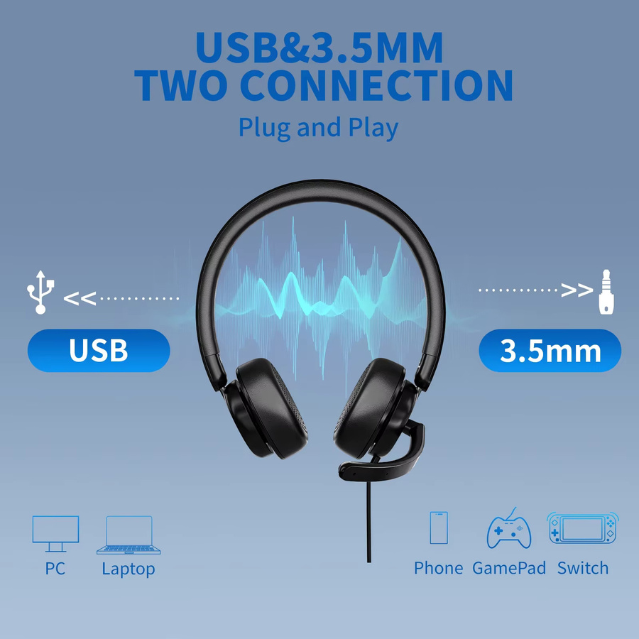 Awatrue USB-Computer-Headset mit geräuschunterdrückendem Mikrofon und Stummschaltungssteuerung in Schwarz oder Beige - Bild 2