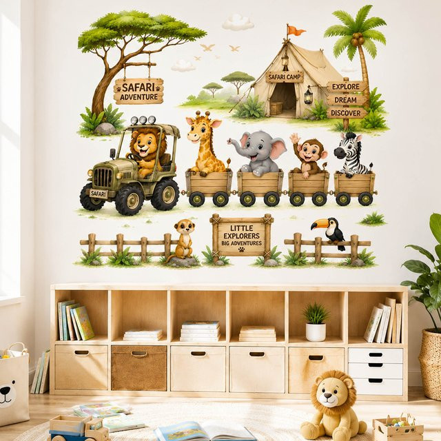 Kingsmile Wandaufkleber Dschungel-Safari-Tiere für Kinderzimmer mit Löwe, Elefant und Giraffe in Multicolour - Bild 1