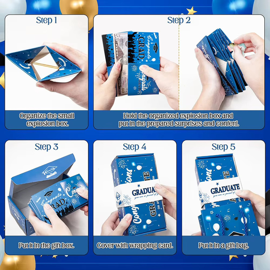 Blaue Pop-up Geschenkbox für den Abschluss 2026, faltbare Umschlagbox aus Papier für Absolventenpartys - Bild 5
