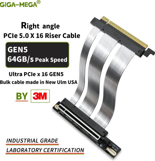 GIGA-MEGA PCIe 5.0 X16 GPU-Riser-Kabel Gen5 Ultra-Hochgeschwindigkeits-PCI-Express-Grafikkarten-Verlängerungskabel in Silber - Bild 1