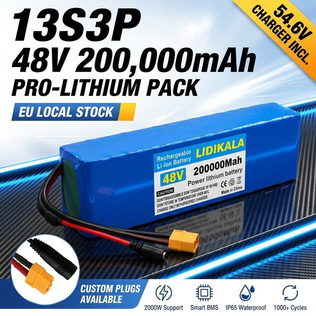 Ddadache Lithium-Ionen-Akkupack 48V 200Ah 200000mAh 13S3P Blau mit intelligentem BMS für E-Bike und Scooter - Bild 1